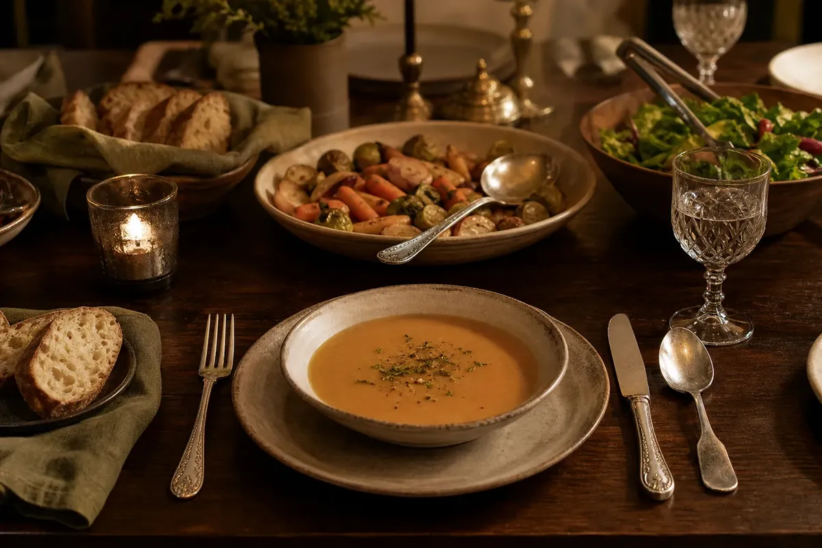 Rustic table setting with soup, roasted vegetables, salad, bread, and silverware under warm candlelight