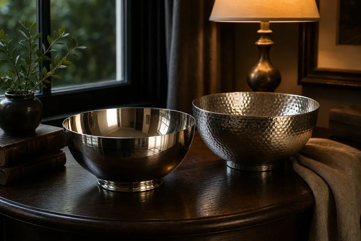 Two silver bowls, one smooth and reflective and the other hammered, on a dark wooden table near a window and lamp