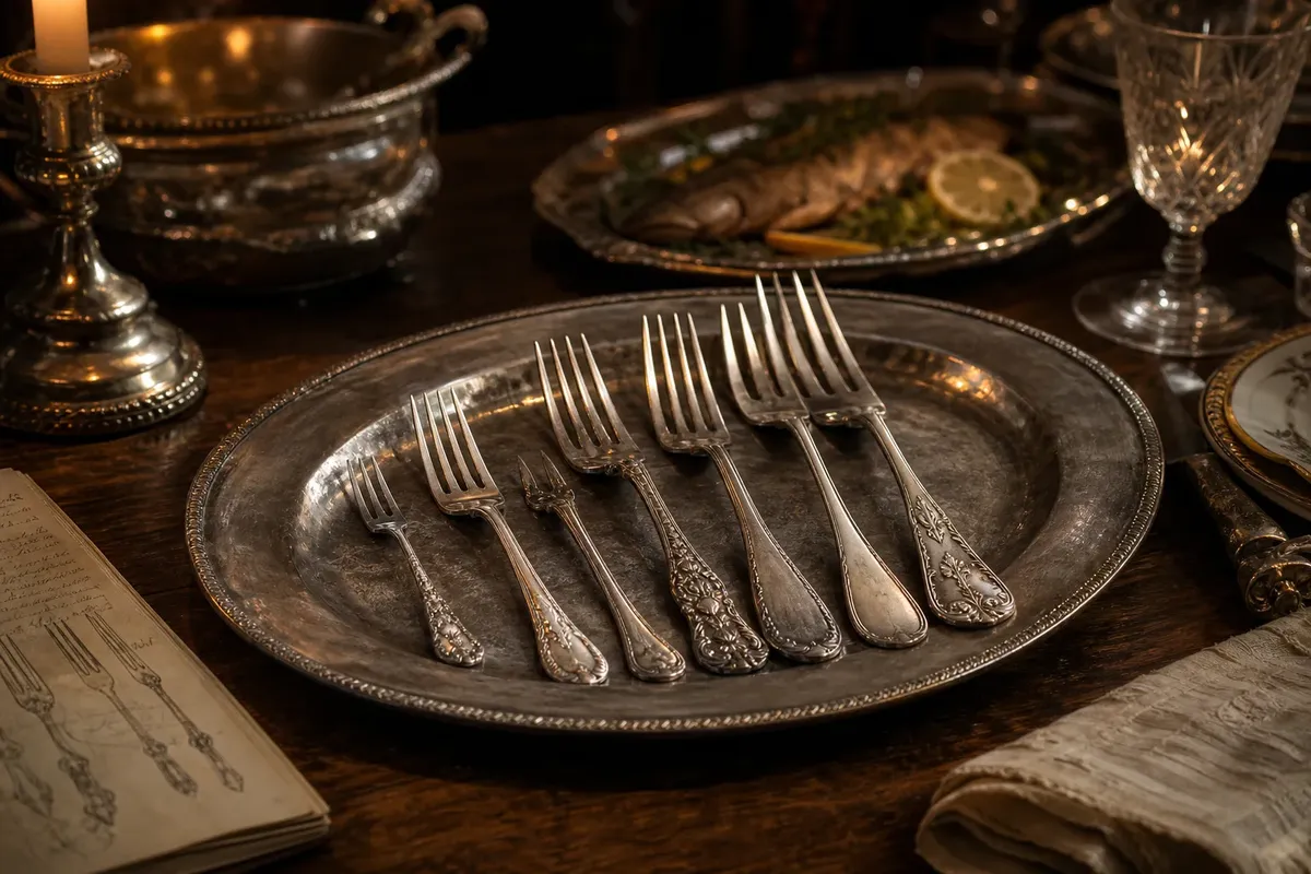 Seven antique forks arranged by size on a tarnished silver platter on a wooden table