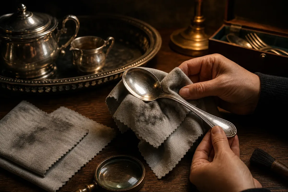 Hands polishing a silver spoon with a gray cloth on a wooden table surrounded by silverware and polishing cloths