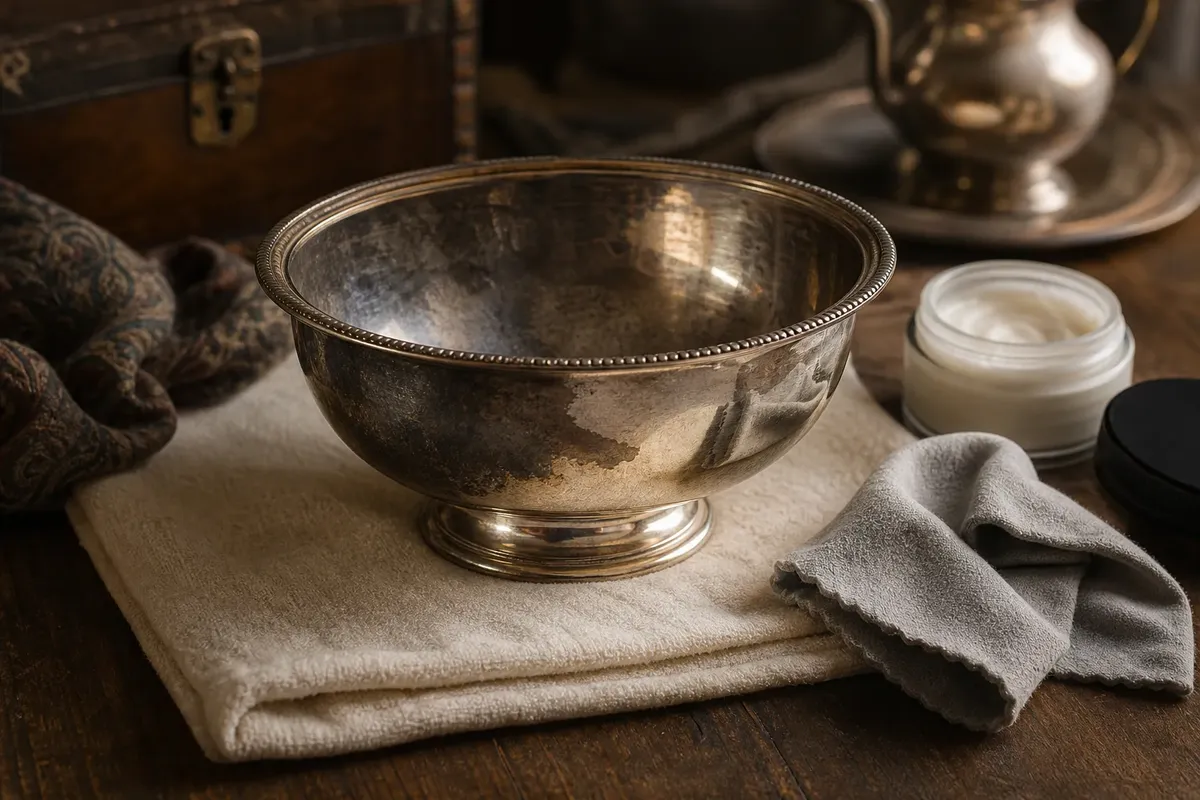 Tarnished silver bowl on folded beige cloth with a gray polishing cloth and cream jar nearby