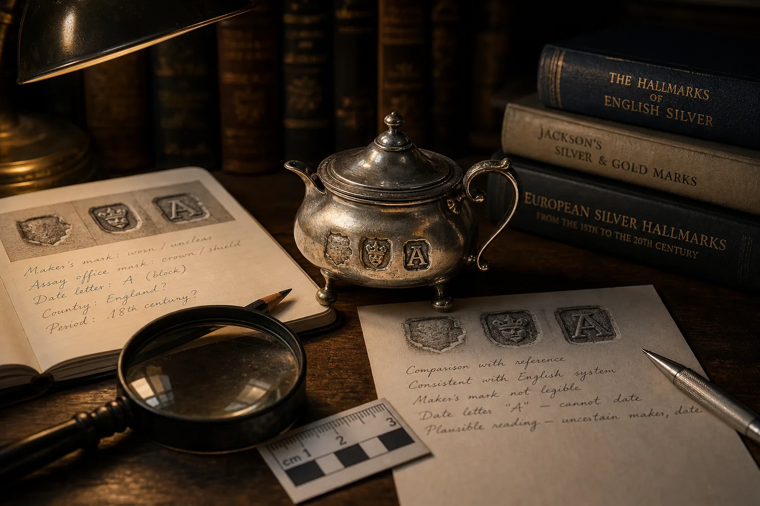 Antique silver creamer with hallmark stamps, open books, handwritten notes, magnifying glass, and desk lamp