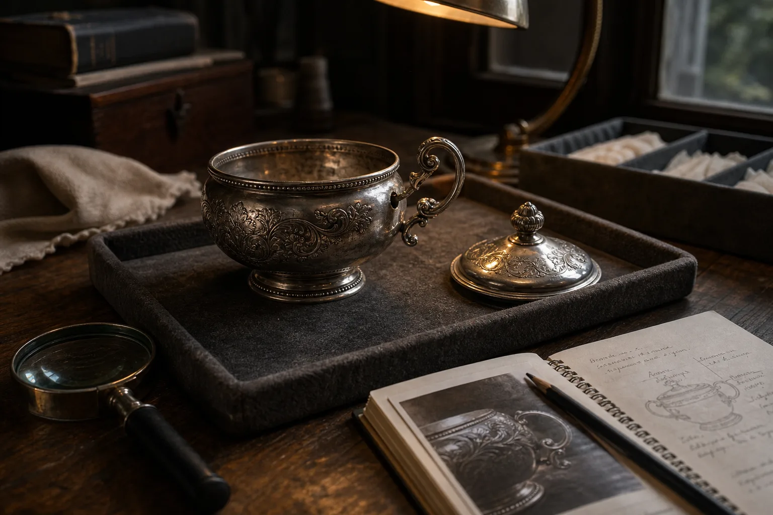 Ornate silver sugar bowl with lid on tray beside magnifying glass and open notebook with sketches