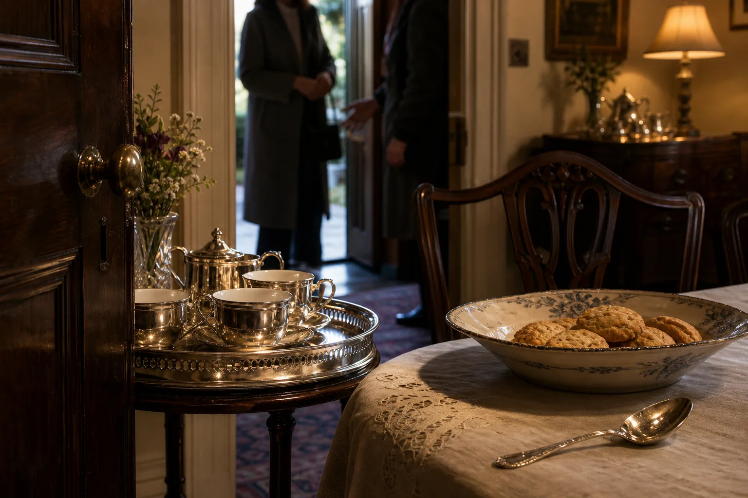 Silver tea set on a tray beside a bowl of cookies on a lace-covered wooden table in a warmly lit room