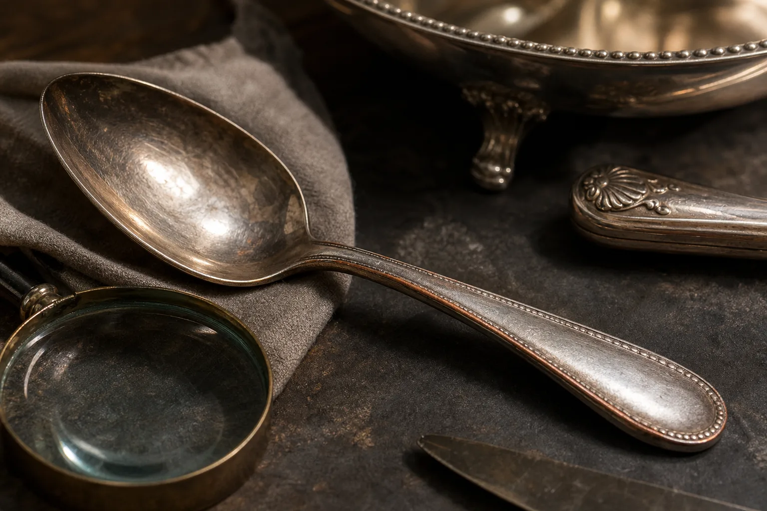 Worn tarnished silver spoon lying on dark fabric with an old magnifying glass and ornate silverware nearby