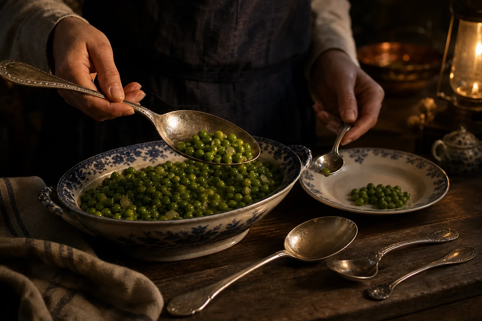 Hands serving green peas with large and small silver spoons into a blue floral patterned bowl and plate
